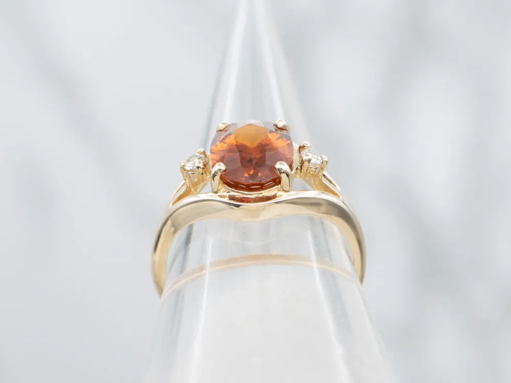 Retro Oval-Cut Hessonite Garnet and Diamond Ring