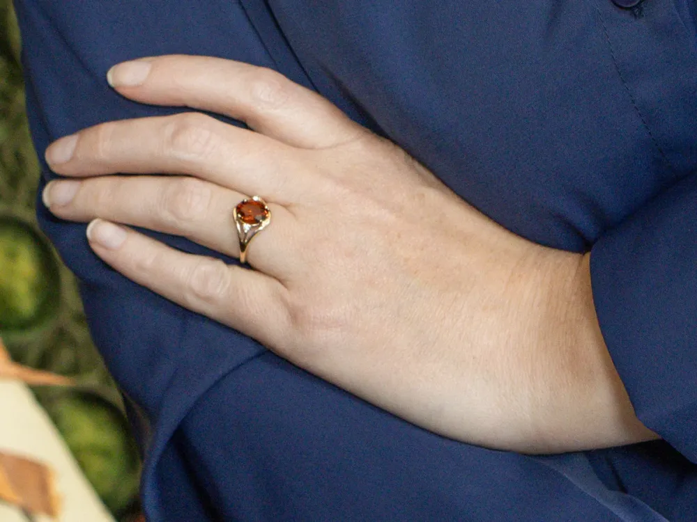 Retro Oval-Cut Hessonite Garnet and Diamond Ring