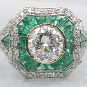 Roestvrij Staal Antique Inspired European Cut Diamond Ring Emerald and Diamond Halo