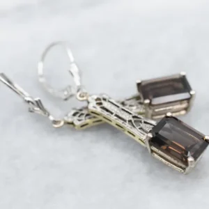 Roestvrij Staal Deco Filigree Smoky Quartz Gemstone Earrings