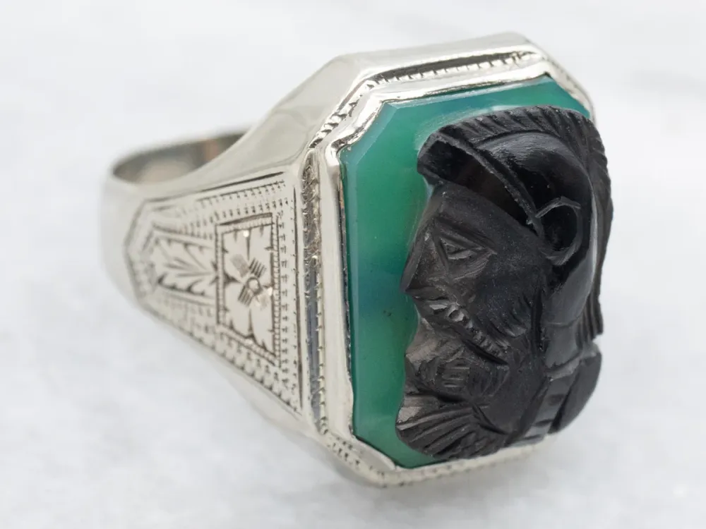 Roestvrij Staal Men's Black and Mosgroen Onyx Art Deco Cameo Ring