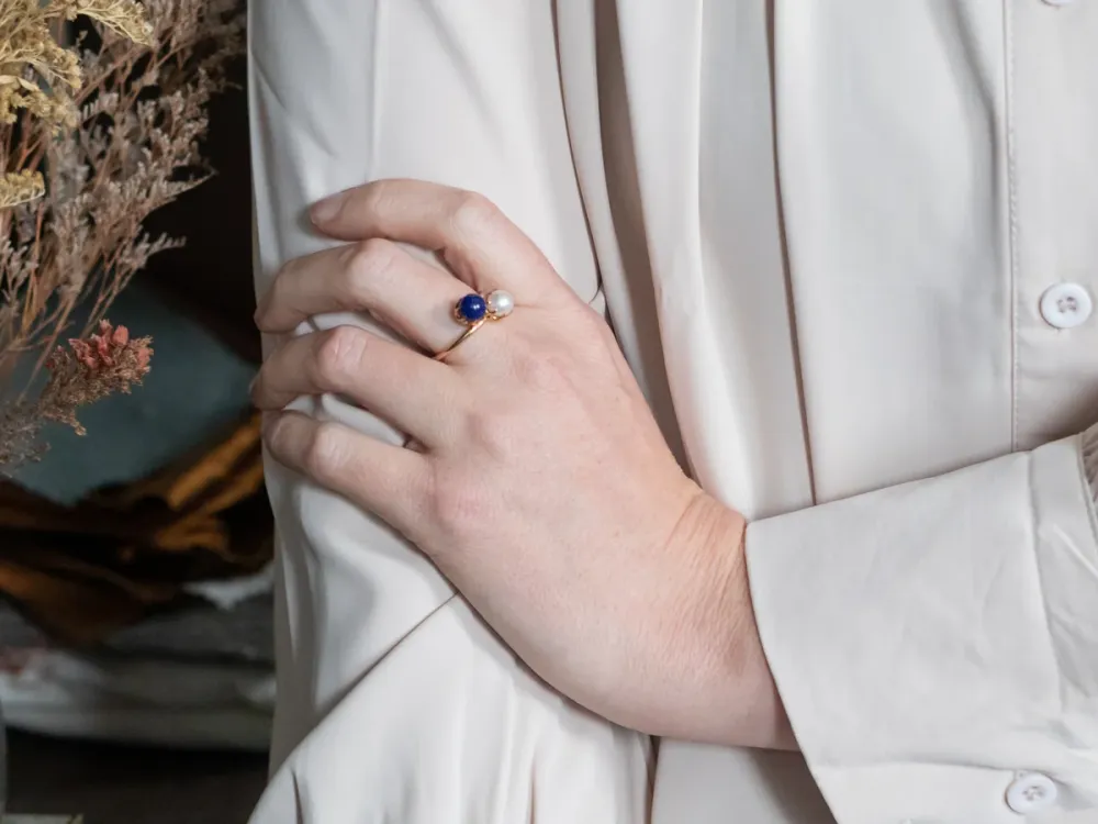 Roestvrij Staal Retro Gold Pearl and Lapis Bypass Ring