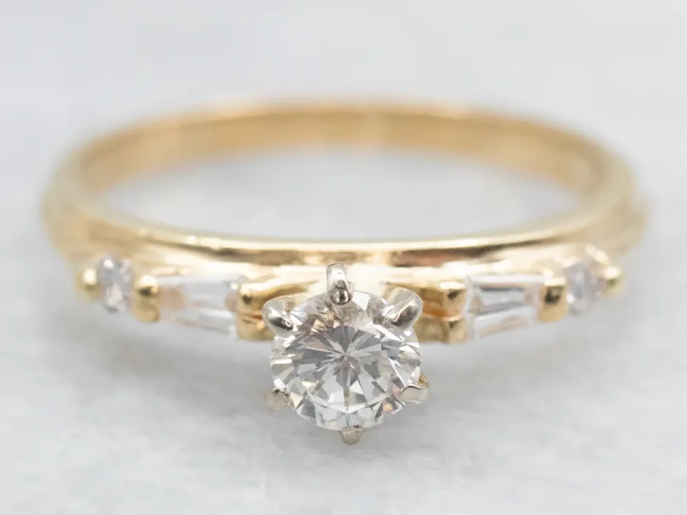 Roestvrij Staal Round and Baguette Cut Diamond Engagement Ring