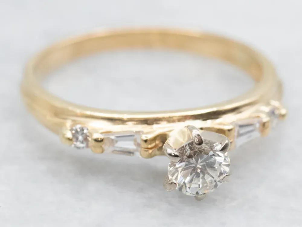 Roestvrij Staal Round and Baguette Cut Diamond Engagement Ring