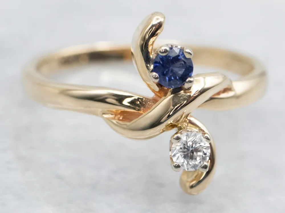 Roestvrij Staal Sapphire Diamond and Verguld Bypass Ring