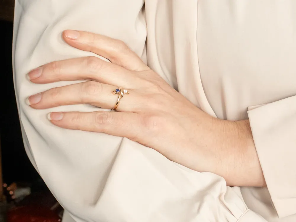 Roestvrij Staal Sapphire Diamond and Verguld Bypass Ring