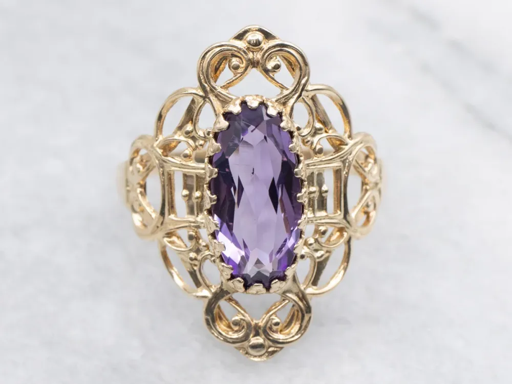 Roestvrij Staal Scrolling Gouden Amethyst Dinner Ring