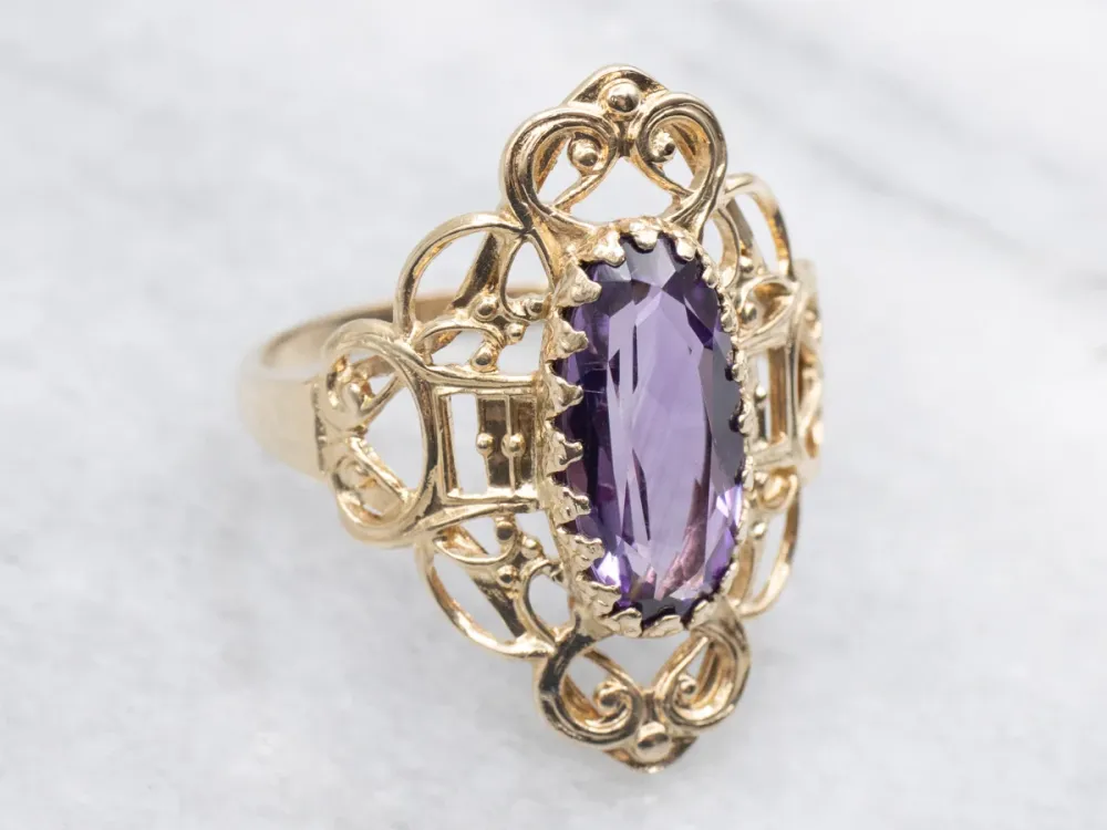 Roestvrij Staal Scrolling Gouden Amethyst Dinner Ring