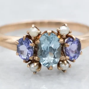 Roestvrij Staal Victorian Aquamarine Lavender Tanzanite and Seed Pearl Ring