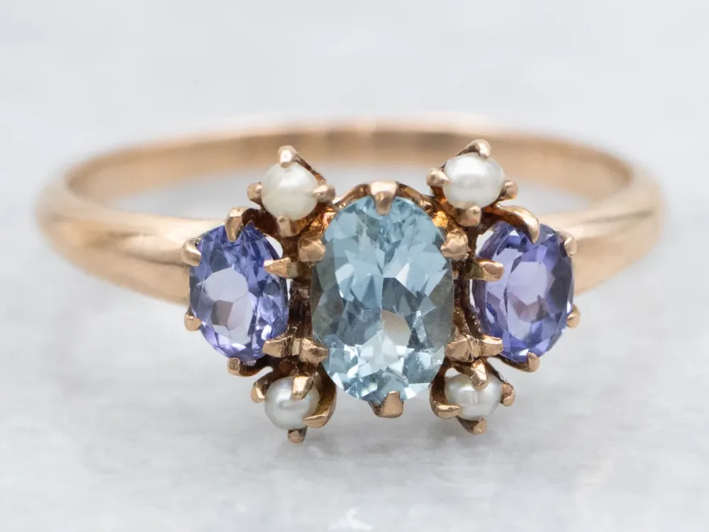Roestvrij Staal Victorian Aquamarine Lavender Tanzanite and Seed Pearl Ring