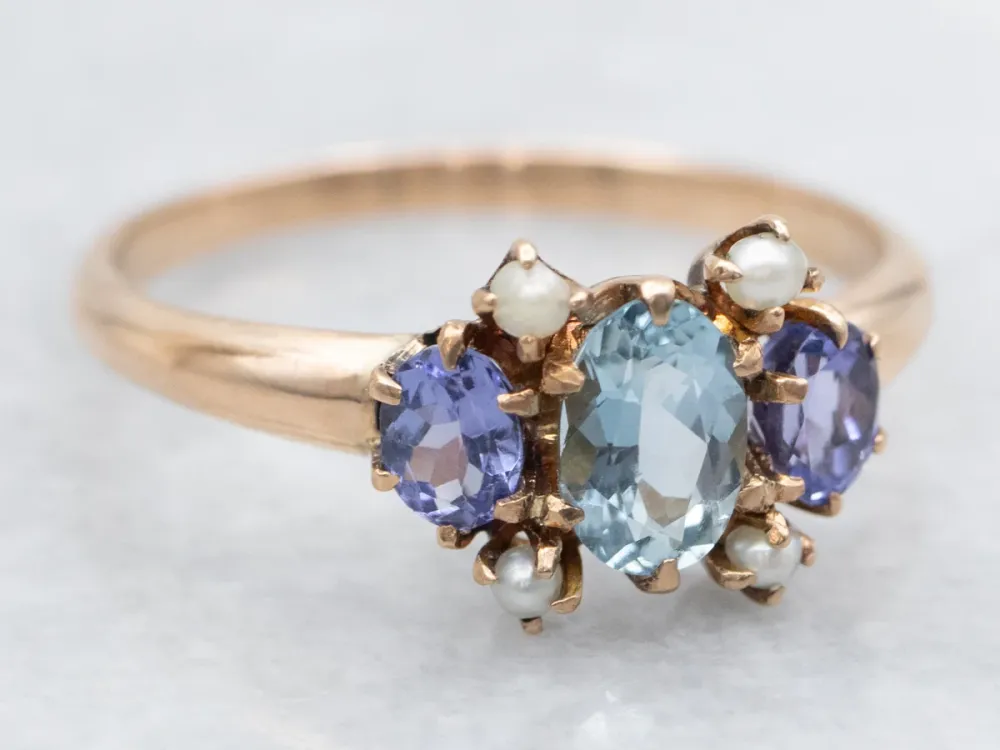 Roestvrij Staal Victorian Aquamarine Lavender Tanzanite and Seed Pearl Ring