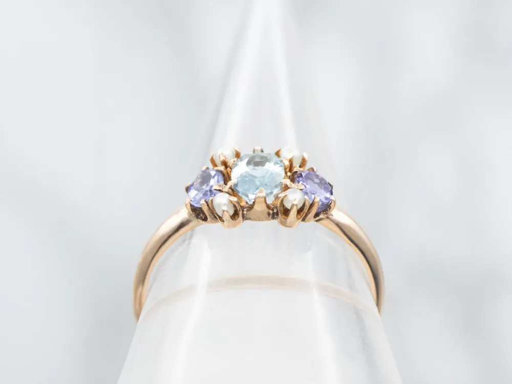 Roestvrij Staal Victorian Aquamarine Lavender Tanzanite and Seed Pearl Ring
