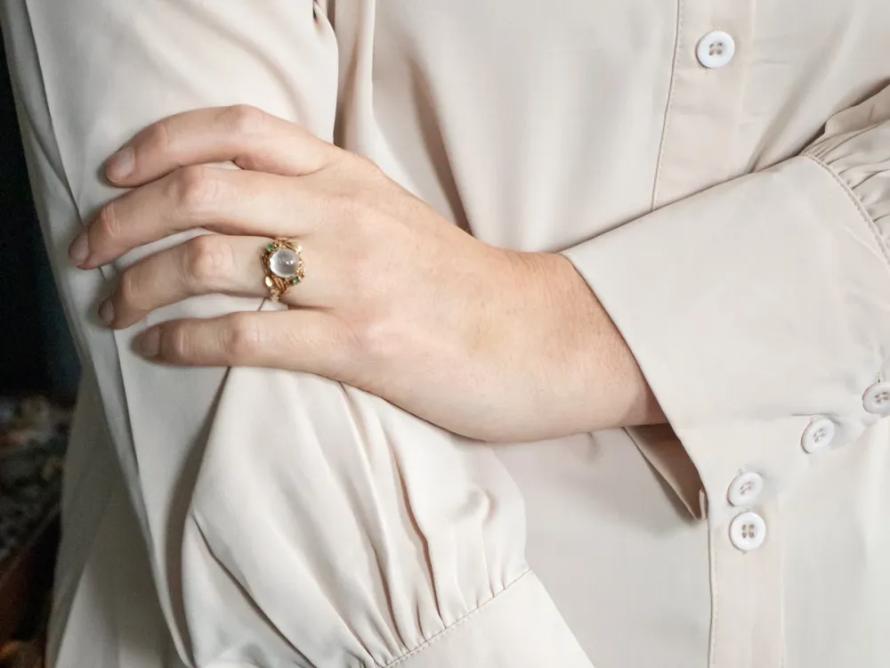 Roestvrij Staal Zonnegeel Gold Moonstone Ring Emerald Accents