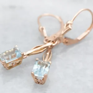 Rose Gold Emerald Cut Zeeblauw Topaz Drop Earrings - DIN Norm