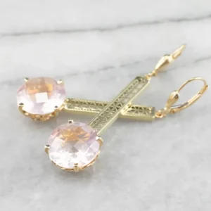 Rose Quartz Verguld Filigree Bar Drop Earrings