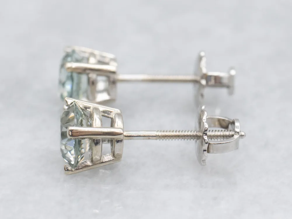 Round Cut Zeeblauw Zircon White Gold Stud Earrings - DIN Norm