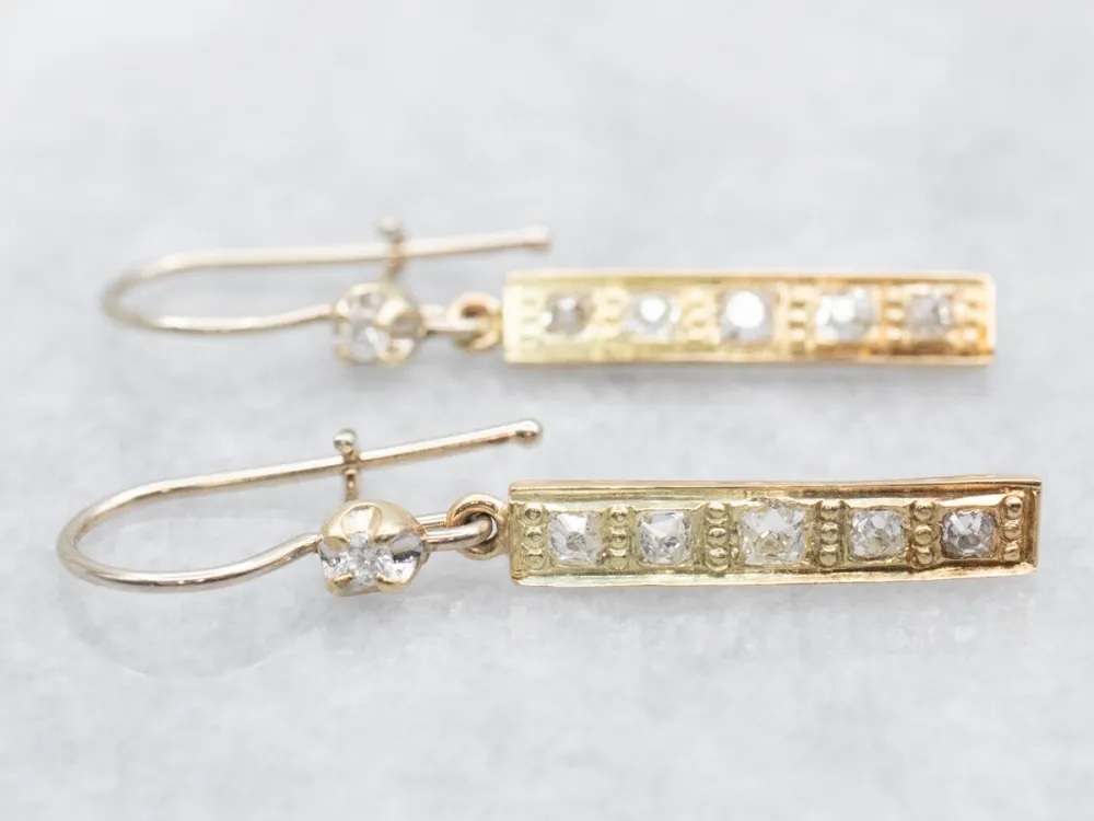 Round and Old Mine Cut Diamond Bar Drop Earrings - DIN Norm