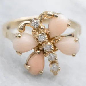 Sweet Fuchsia Coral and Diamond Butterfly Ring