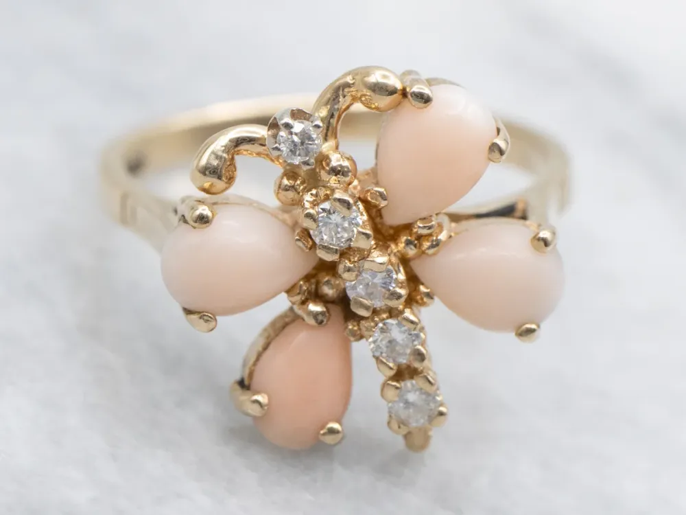 Sweet Fuchsia Coral and Diamond Butterfly Ring