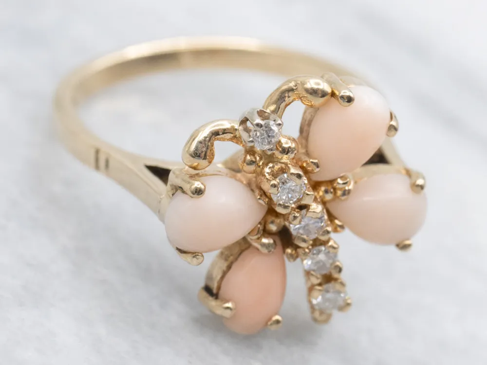 Sweet Fuchsia Coral and Diamond Butterfly Ring