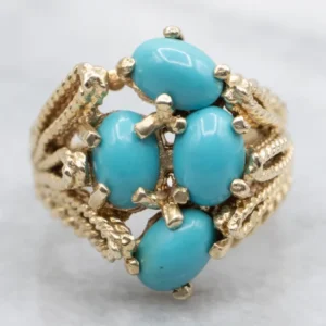Turquoise Twisted Rope Setting Gold Custer Ring