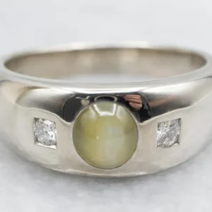 Unisex Cat's Eye Chrysoberyl and Diamond Ring met CE-Keurmerk