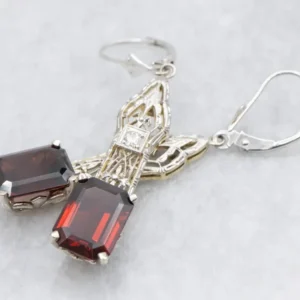 Upcyled Deco Diamond Filigree and Garnet Drop Earrings met CE-Keurmerk