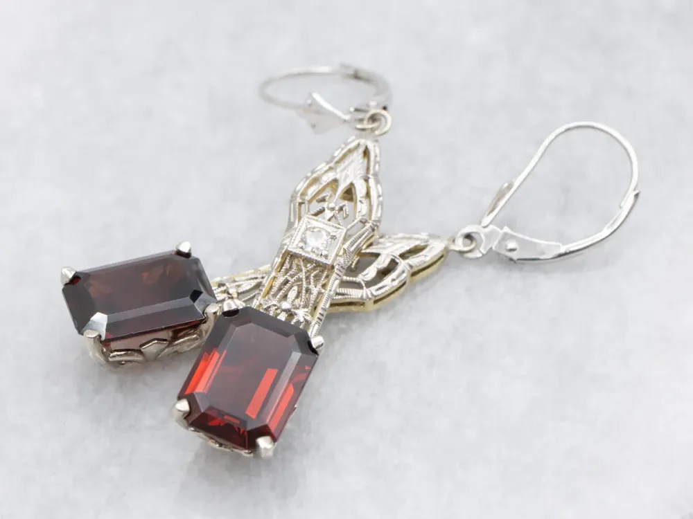 Upcyled Deco Diamond Filigree and Garnet Drop Earrings met CE-Keurmerk
