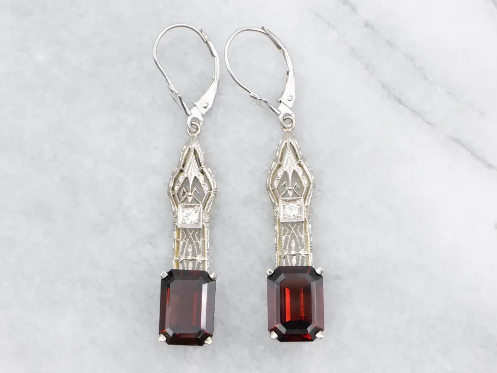 Upcyled Deco Diamond Filigree and Garnet Drop Earrings met CE-Keurmerk