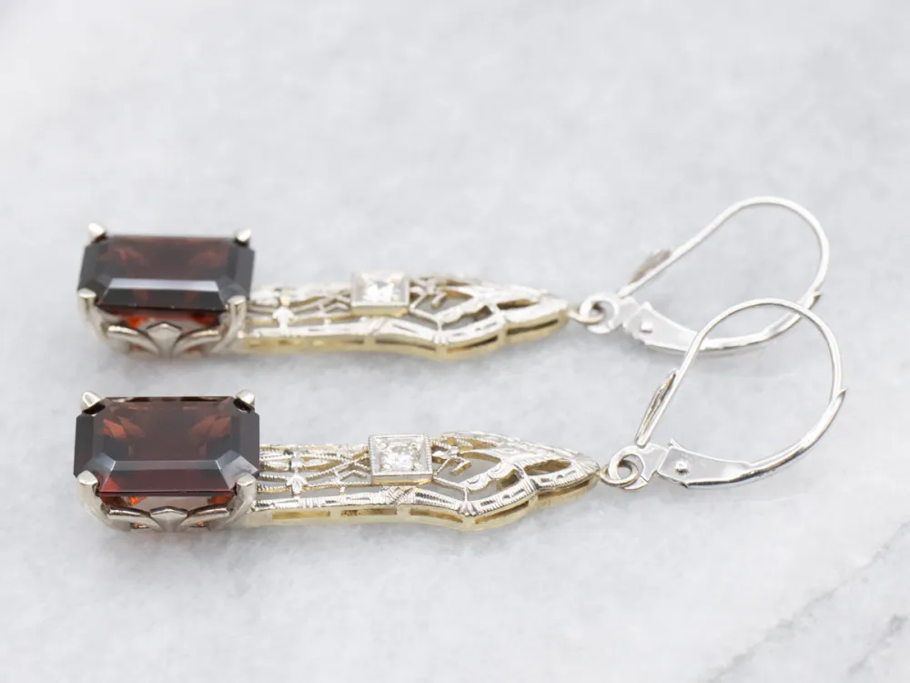 Upcyled Deco Diamond Filigree and Garnet Drop Earrings met CE-Keurmerk