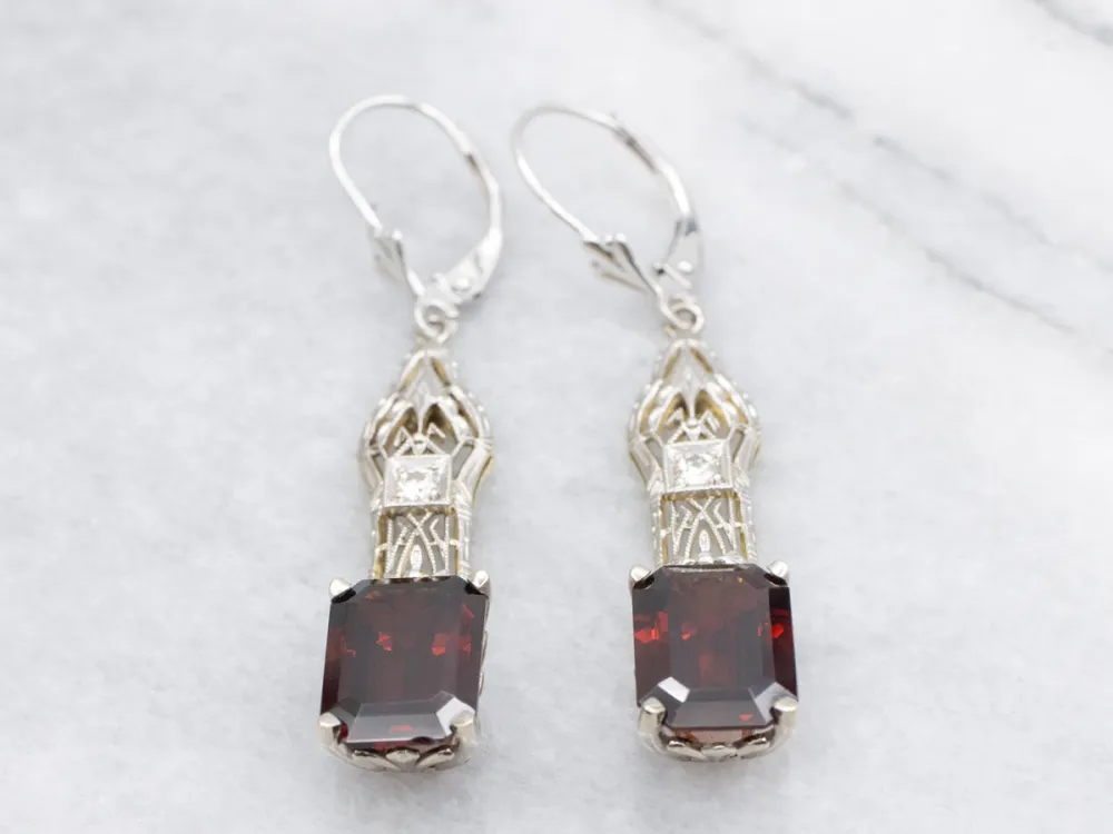 Upcyled Deco Diamond Filigree and Garnet Drop Earrings met CE-Keurmerk