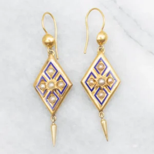 Victorian Bloomed Goud Pearl and Enamel Drop Earrings