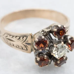 Victorian Old European Cut Diamond and Garnet Halo Ring met CE-Keurmerk