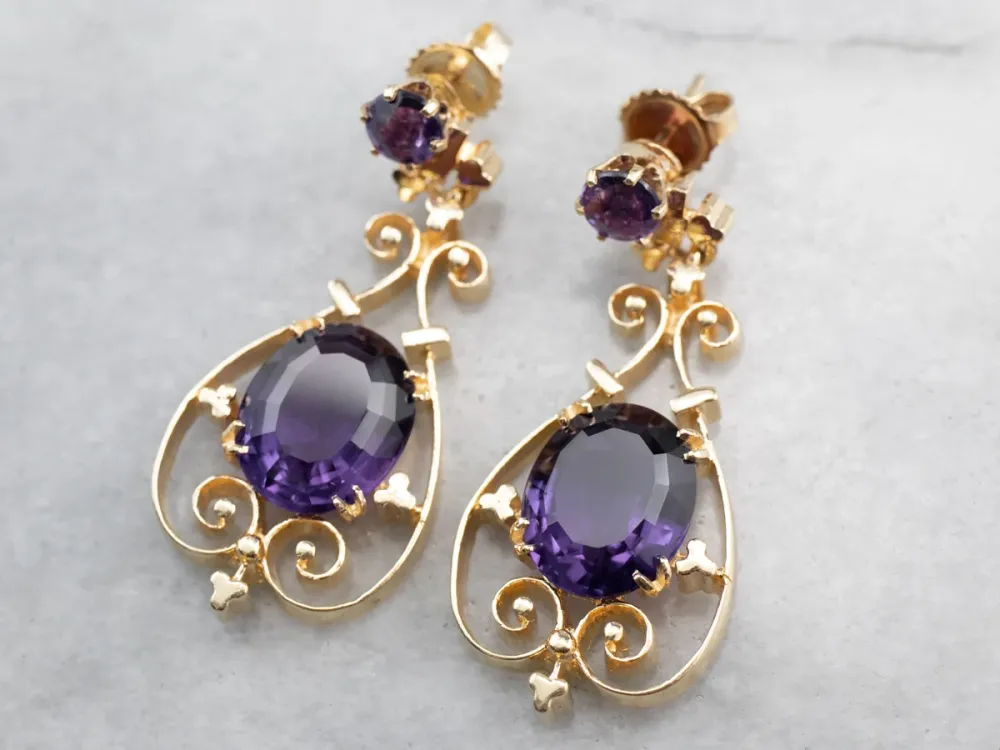 Victorian Revival Amethyst Gouden Filigree Drop Earrings met CE-Keurmerk