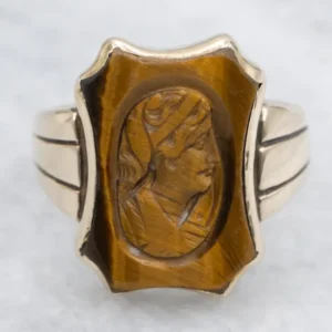 Victorian Tiger's Eye Intaglio Gouden Ring met CE-Keurmerk