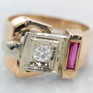Vintage Diamond and Synthetic Ruby Buckle Ring