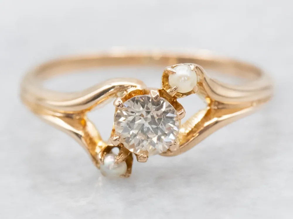 Vintage European Cut Diamond and Seed Pearl Bypass Ring