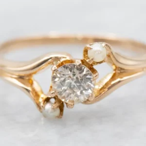 Vintage European Cut Diamond and Seed Pearl Bypass Ring