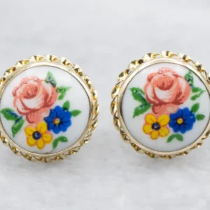 Vintage Floral Painted Steengoed Stud Earrings Twisted Frame