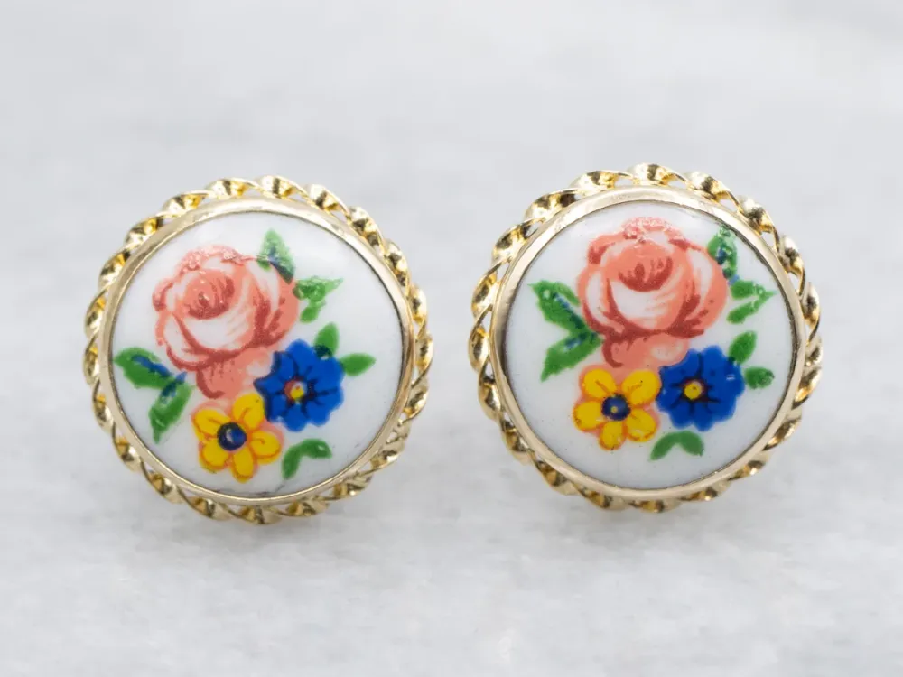 Vintage Floral Painted Steengoed Stud Earrings Twisted Frame
