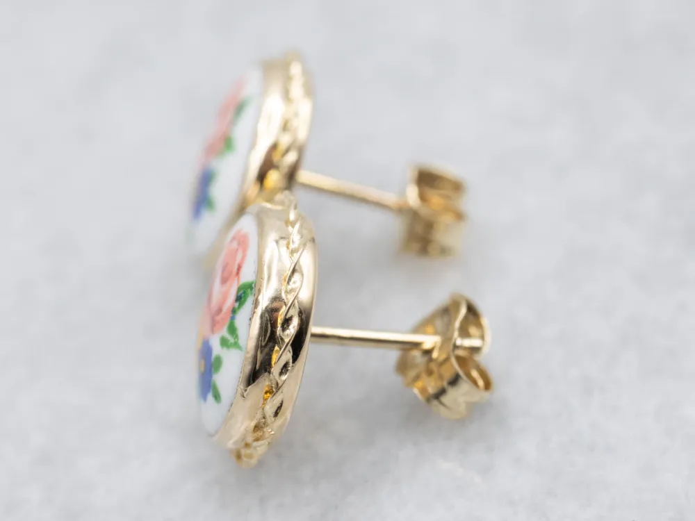 Vintage Floral Painted Steengoed Stud Earrings Twisted Frame