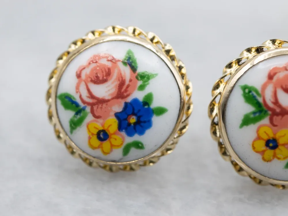 Vintage Floral Painted Steengoed Stud Earrings Twisted Frame