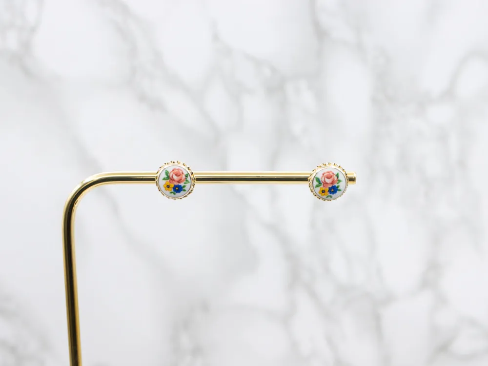 Vintage Floral Painted Steengoed Stud Earrings Twisted Frame