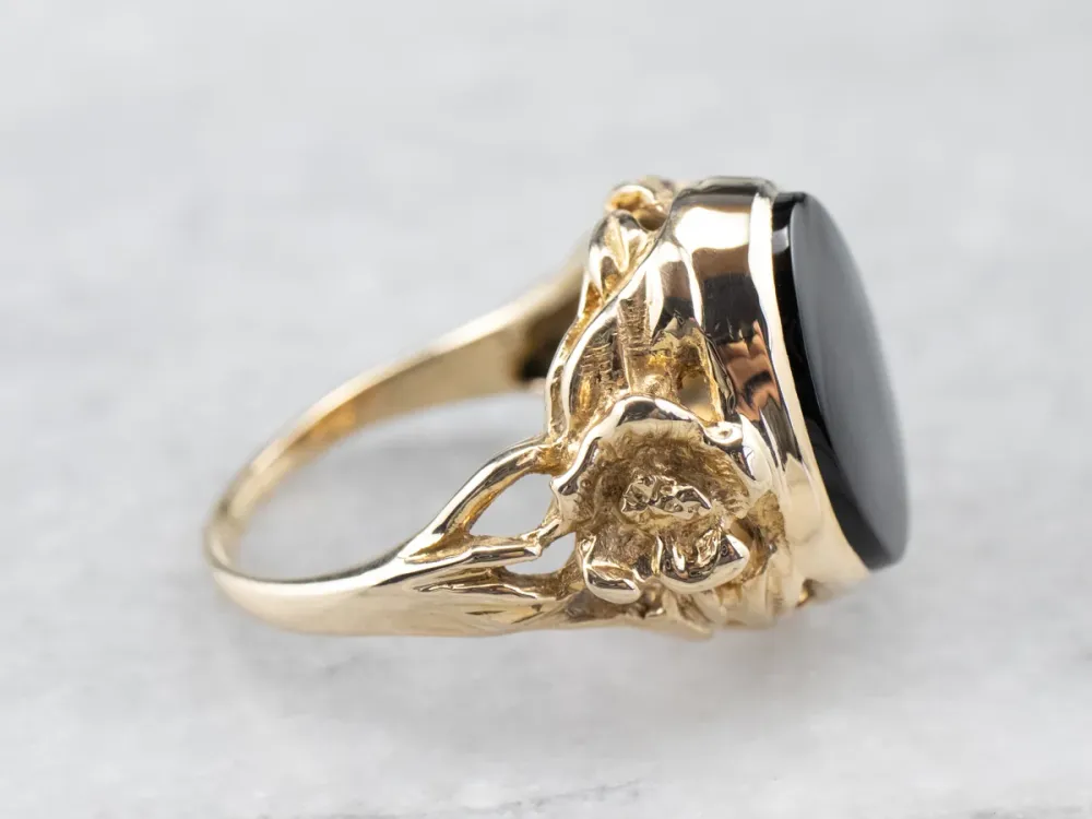 Vintage Floral Zwart Onyx Ring - DIN Norm