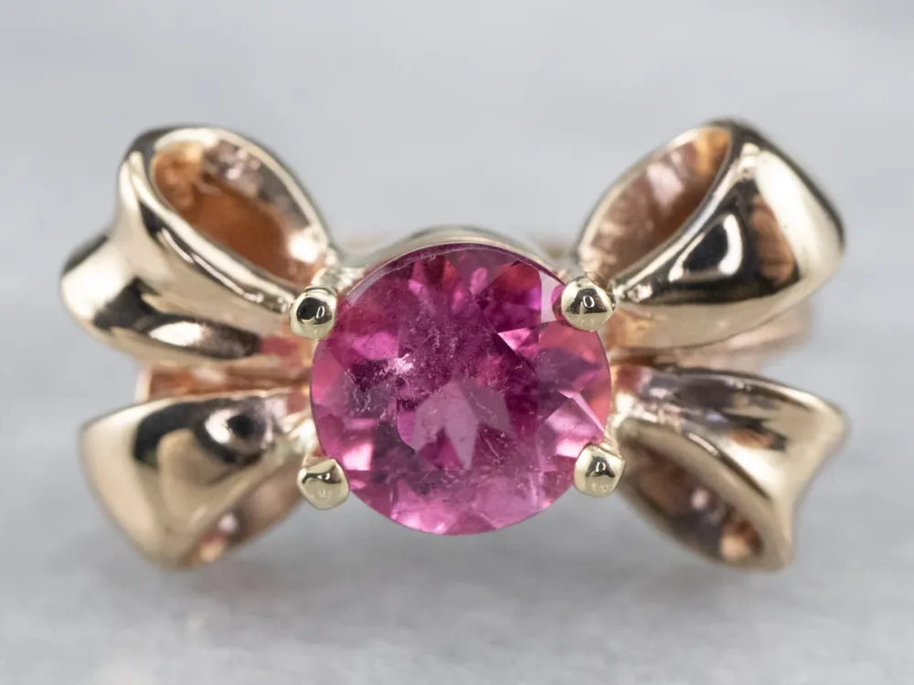 Vintage Framboos Tourmaline Golden Bow Ring met CE-Keurmerk