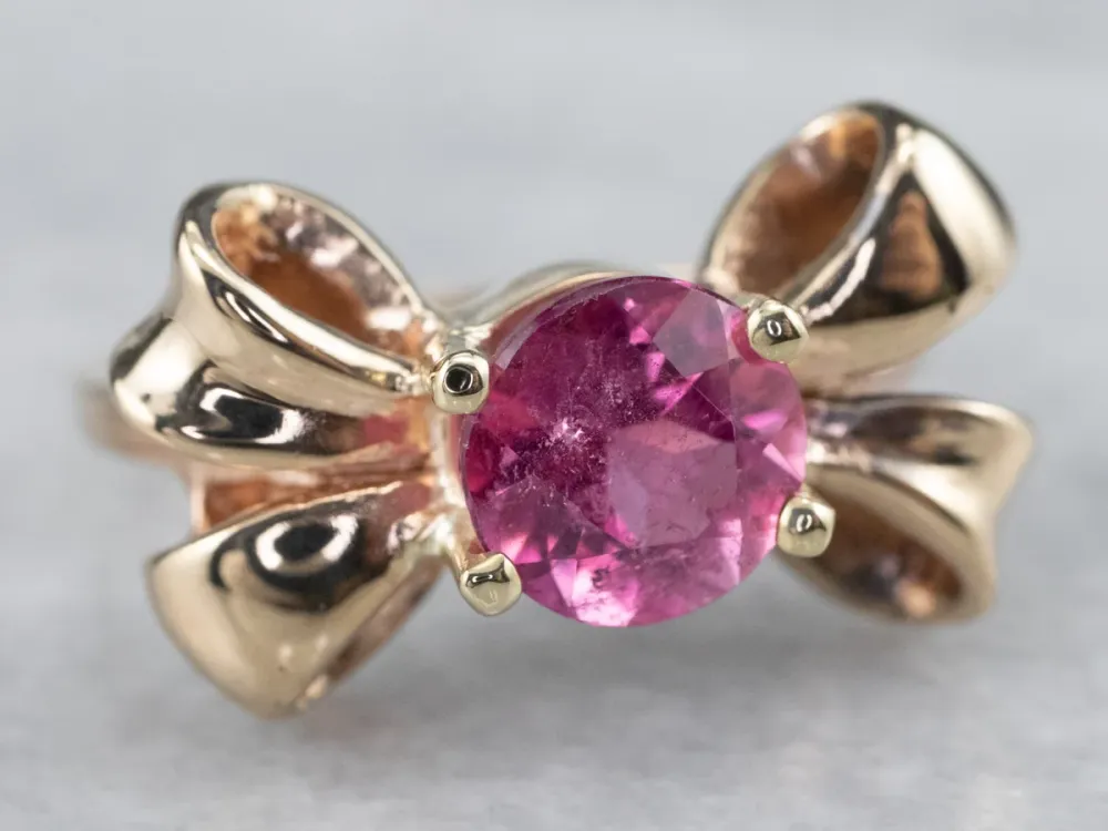 Vintage Framboos Tourmaline Golden Bow Ring met CE-Keurmerk