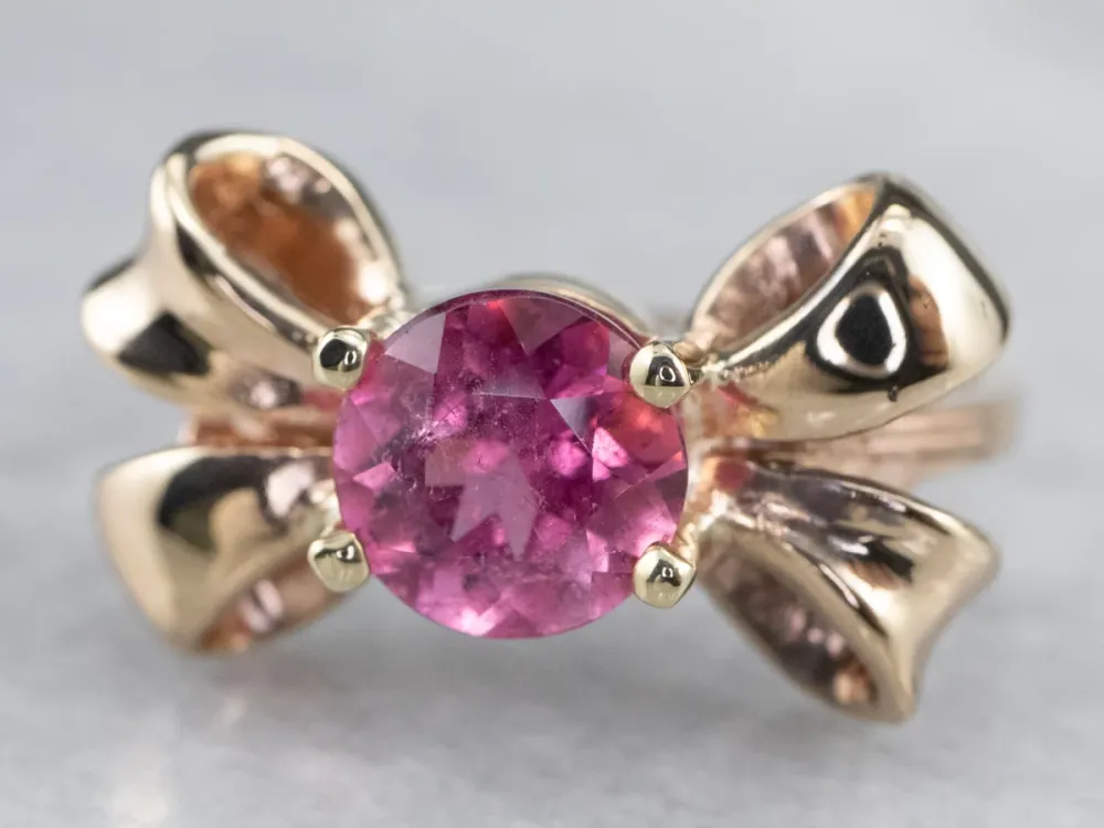 Vintage Framboos Tourmaline Golden Bow Ring met CE-Keurmerk
