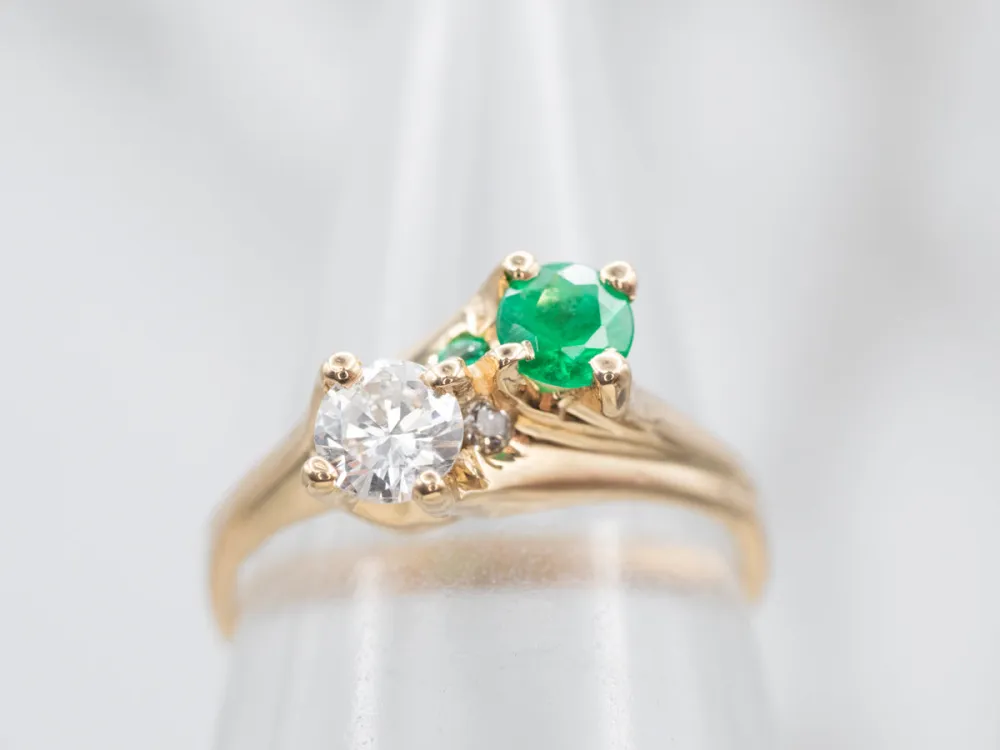 Vintage Gold Emerald and Diamond Bypass Ring