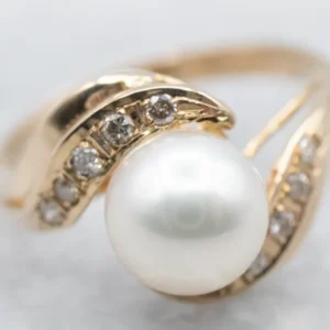 Vintage Gold Pearl and Diamond Bypass Ring