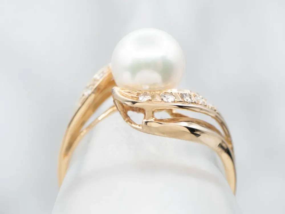 Vintage Gold Pearl and Diamond Bypass Ring